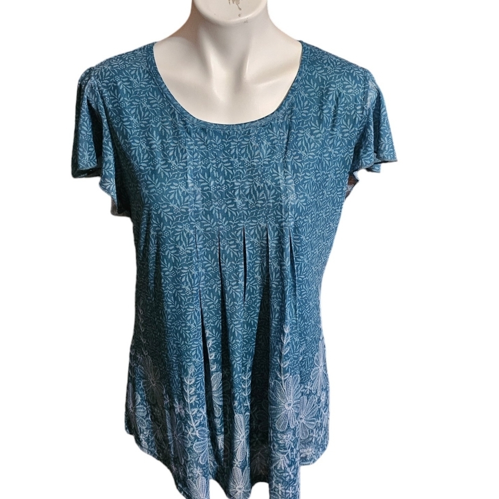 Timeson Double Layer Flutter Sleeve Floral Tunic Teal Size L - Picture 4 of 14
